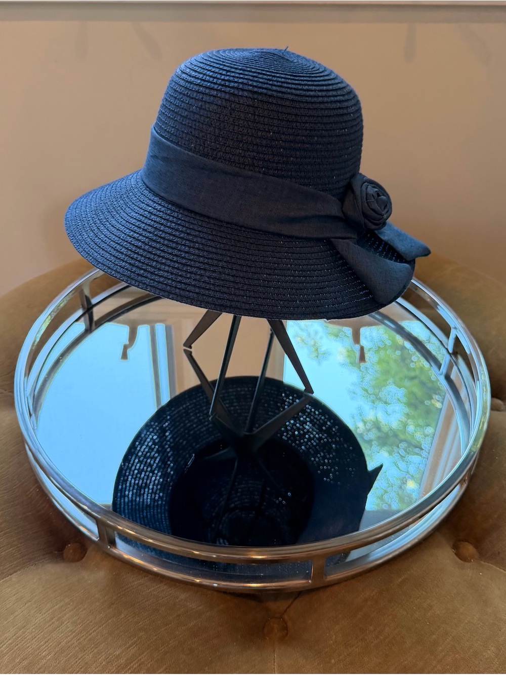 Classic Navy Women's Cloche Hat with Ribbon Rose
